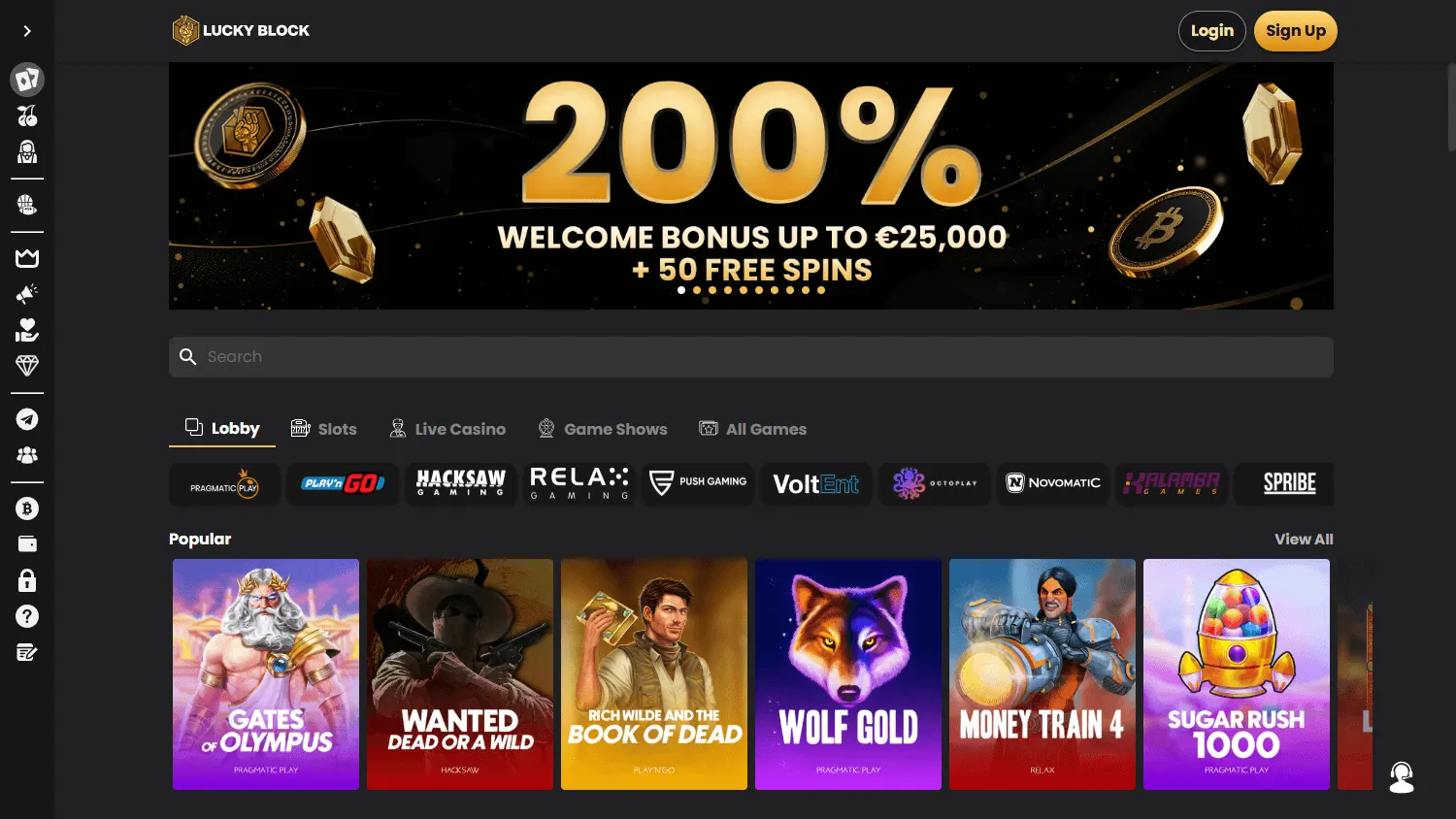 Lucky Block Casino games screen on desktop