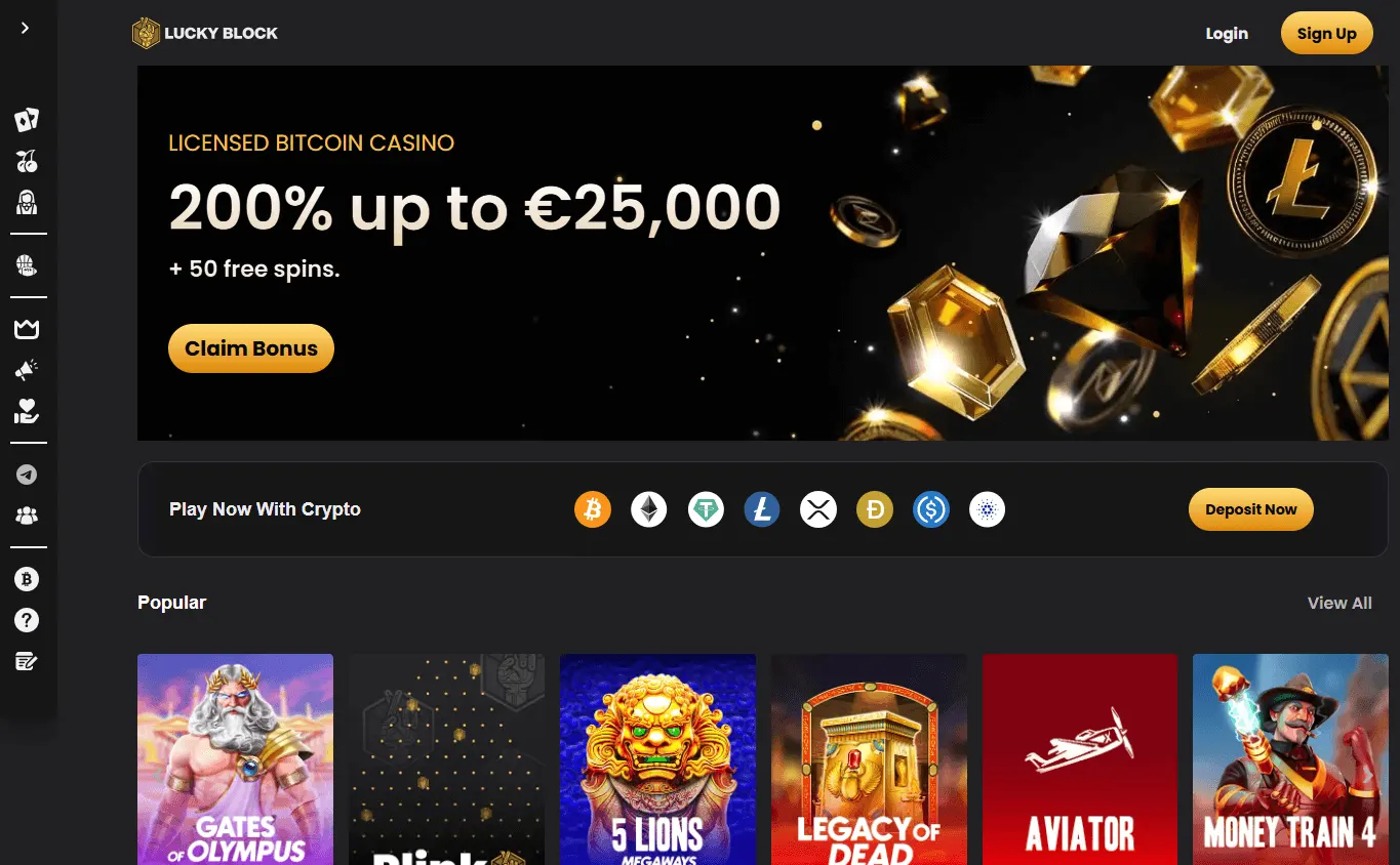 Lucky Block Casino home screen on desktop