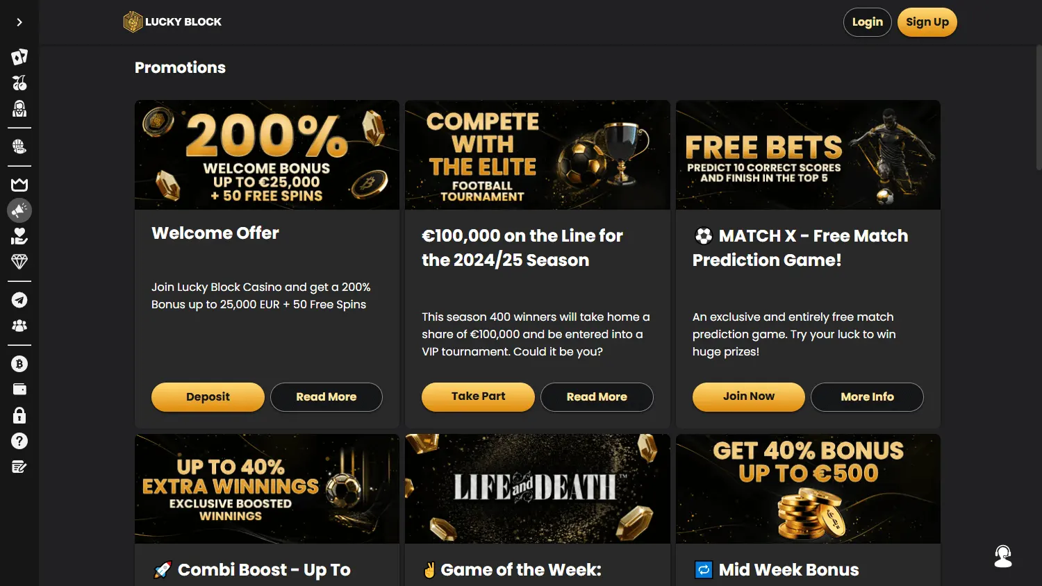 Lucky Block Casino promotions screen on desktop